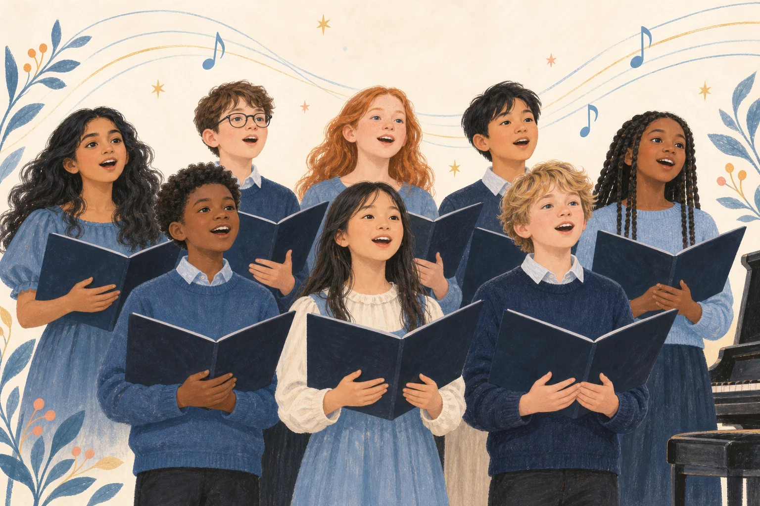 Illustration of young singers holding choir folders